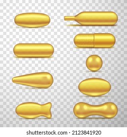 Realistic golden fish oil capsules collection vector illustration. Set of shiny medicines pills gold omega 3 vitamin isolated. Cosmetic essential liquid treatment essence for skin care nutrition