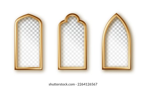 Realistic golden frames in arabic style isolated. Collection of oriental style windows and arches. Arabic golden arch isolated.