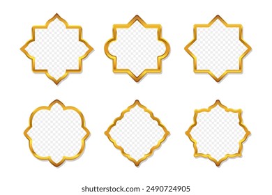 Realistic golden frames in arabic style isolated. Traditional islamic 3d shape. Ramadan kareem frames with transparent background