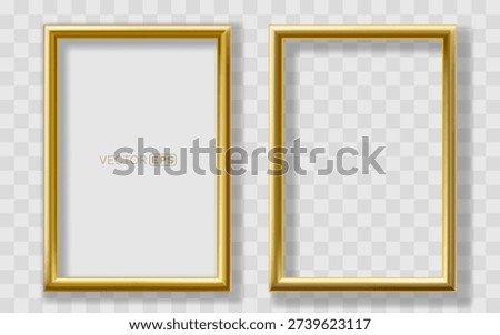 Realistic Golden Frames with Shadow on Transparent Background. Elegant Blank Mockup. Vector illustration