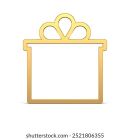 Realistic golden gift box with lid and bow frame glossy metallic luxury jewelry design 3d template vector illustration. Expensive Christmas tree bauble cardboard package border for spruce or interior