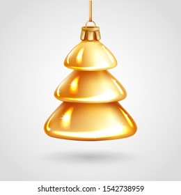 Realistic golden glass Christmas tree toy. Decoration in the shape of a Christmas fur-tree. Vector illustration. Element for New Years Design