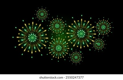 fogos de artifício verde dourado realista, fogos de artifício verde amarelo para a decoração de fundo da celebração, terceira opção