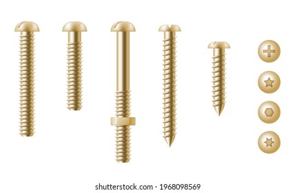 Realistic golden hardware. Construction gold metal hex cap nuts, fixation gear, stainless screws and bolts set isolated icons. 3d vector illustration