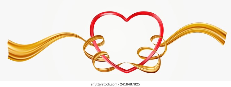 Corazón dorado realista con cinta retorcida de pintura roja. Marco de forma Corazones. Tarjeta de saludo de San Valentín. Lujo en el fondo. Ilustración vectorial eps10.