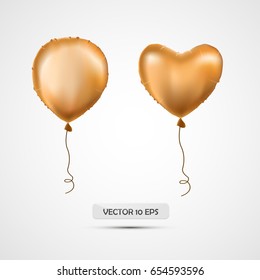 Realistic golden helium balloons set. Vector illustration. Metallic air balloons, heart and round shape. Isolated. For birthday, celebration, logo, new year, party decoration. Graphic design element.