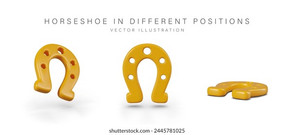 Realistic golden horseshoe in different positions. Symbol of good luck