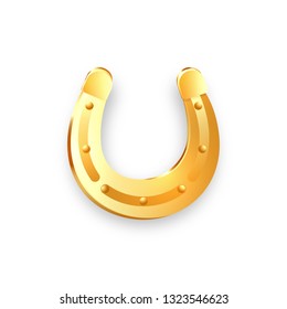 Realistic Golden Horseshoe icon for St Patrick's Day holiday. Gold Horse Shoe lucky symbol for Irish festival or Scottish ornament. Good luck sign isolated on white background. Vector illustration