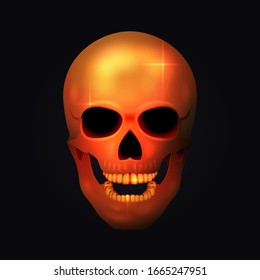 Realistic golden human skull in the dark. Vector illustration.