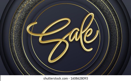 Realistic golden inscription sale on a black background. Sale banner design. Vector illustration EPS10