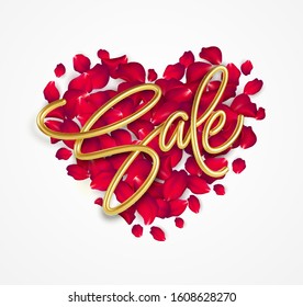 Realistic golden inscription sale on the background of rose petals. Valentines Day Sale banner design. Vector illustration EPS10