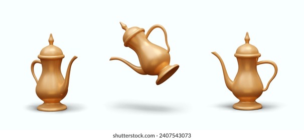 Realistic golden kettle in different positions with shadow. Composition with religious object for traditional rituals in Islam and Muslim. Vector illustration in 3d style