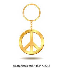 Realistic Golden Keychains with peace symbol isolated on white background. Vector illustration