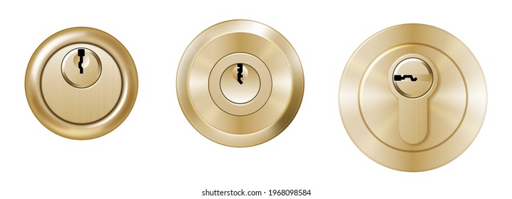 Realistic golden keyholes mechanisms for padlocks isolated on white background. Classic metallic lockers for entrance protection. 3d vector illustration