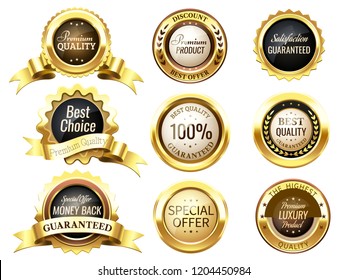 Realistic golden labels. Elegant best price banner, label with gold ribbons and prize tag. Premium labels dazzling medal or postal label 3d vector isolated symbol collection