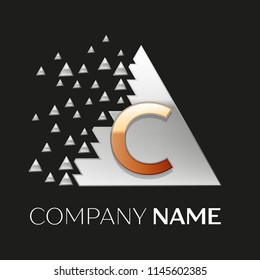 Realistic Golden Letter C logo symbol in the silver colorful pixel triangle shape with shattered blocks on black background. Vector template for your design