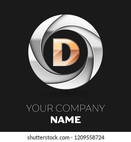 Realistic Golden Letter D logo symbol in the silver colorful circle shape on black background. Vector template for your design