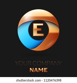 Realistic Golden Letter E logo symbol in the colorful golden-blue circle shape on black background. Vector template for your design