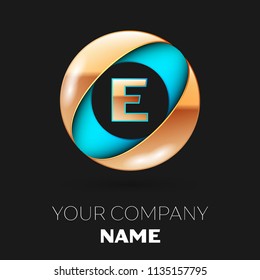 Realistic Golden Letter E logo symbol in the blue-golden colorful circle shape on black background. Vector template for your design