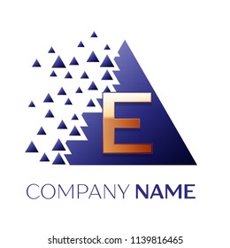 Realistic Golden Letter E logo symbol in the blue colorful pixel triangle shape with shattered blocks on black background. Vector template for your design