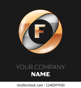 Realistic Golden Letter F logo symbol in the silver-golden colorful circle shape on black background. Vector template for your design