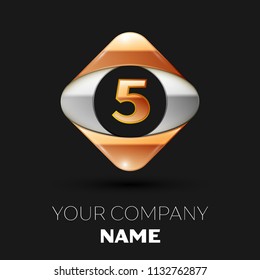 Realistic Golden Letter Five logo symbol in the colorful golden-silver square shape on black background. Vector template for your design