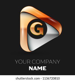 Realistic Golden Letter G logo symbol in golden-silver triangle shape on black background. Vector template for your design
