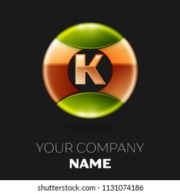 Realistic Golden Letter K logo symbol in the golden-green colorful circle shape on black background. Vector template for your design