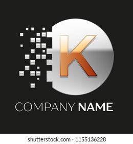 Realistic Golden Letter K logo symbol in the silver colorful pixel circle shape with shattered blocks on black background. Vector template for your design