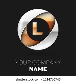 Realistic Golden Letter L logo symbol in the silver-golden colorful circle shape on black background. Vector template for your design