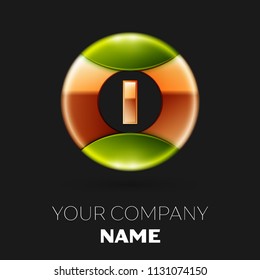 Realistic Golden Letter I logo symbol in the golden-green colorful circle shape on black background. Vector template for your design