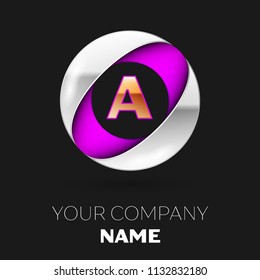Realistic Golden Letter A logo symbol in the silver-purple colorful circle shape on black background. Vector template for your design