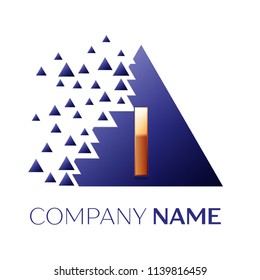 Realistic Golden Letter I logo symbol in the blue colorful pixel triangle shape with shattered blocks on black background. Vector template for your design
