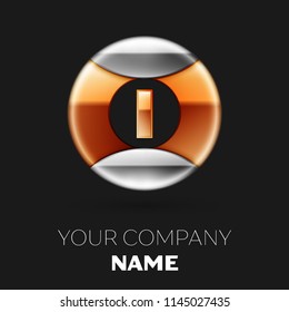 Realistic Golden Letter I logo symbol in the silver-golden colorful circle shape on black background. Vector template for your design