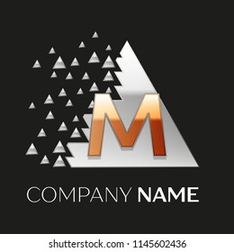 Realistic Golden Letter M logo symbol in the silver colorful pixel triangle shape with shattered blocks on black background. Vector template for your design