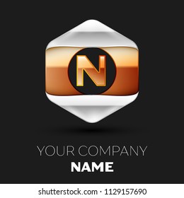 Realistic Golden Letter N logo symbol in the colorful silver-golden hexagonal shape on black background. Vector template for your design