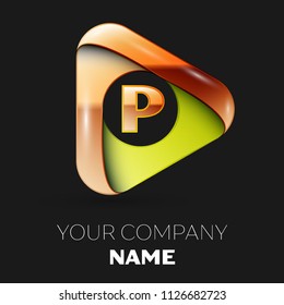 Realistic Golden Letter P logo symbol in golden-green triangle shape on black background. Vector template for your design