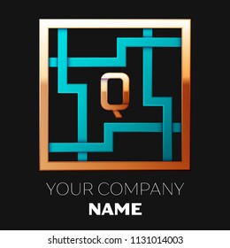 Realistic Golden Letter Q logo symbol in the cyan-golden colorful square maze shape on black background. The logo symbolizes labyrinth, choice of right path, solutions. Vector template for your design