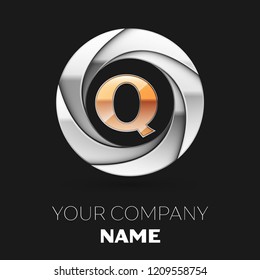 Realistic Golden Letter Q logo symbol in the silver colorful circle shape on black background. Vector template for your design