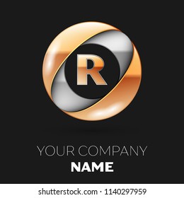 Realistic Golden Letter R logo symbol in the silver-golden colorful circle shape on black background. Vector template for your design