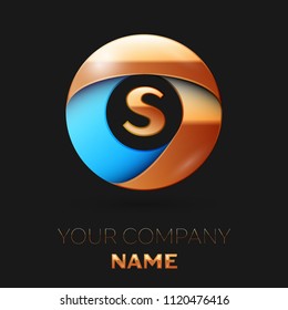 Realistic Golden Letter S logo symbol in the colorful golden-blue circle shape on black background. Vector template for your design