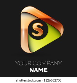 Realistic Golden Letter S logo symbol in golden-green triangle shape on black background. Vector template for your design