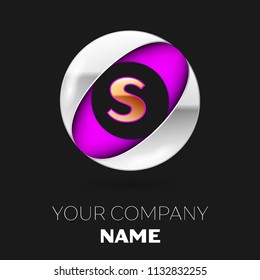 Realistic Golden Letter S logo symbol in the silver-purple colorful circle shape on black background. Vector template for your design