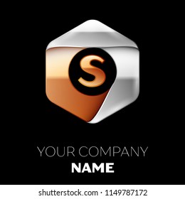 Realistic Golden Letter S logo symbol in the colorful silver-golden hexagonal shape on black background. Vector template for your design