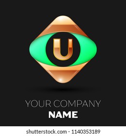 Realistic Golden Letter U logo symbol in the colorful golden-green square shape on black background. Vector template for your design