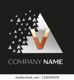 Realistic Golden Letter V logo symbol in the silver colorful pixel triangle shape with shattered blocks on black background. Vector template for your design