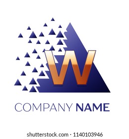 Realistic Golden Letter W logo symbol in the blue colorful pixel triangle shape with shattered blocks on white background. Vector template for your design