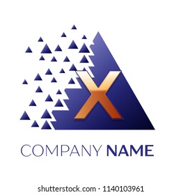 Realistic Golden Letter X logo symbol in the blue colorful pixel triangle shape with shattered blocks on white background. Vector template for your design