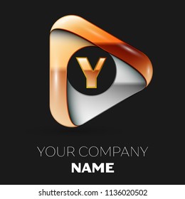 Realistic Golden Letter Y logo symbol in golden-silver triangle shape on black background. Vector template for your design