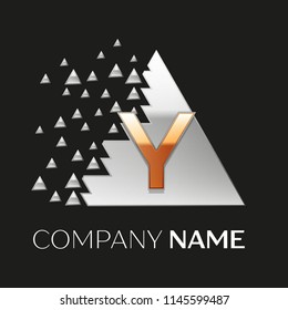 Realistic Golden Letter Y logo symbol in the silver colorful pixel triangle shape with shattered blocks on black background. Vector template for your design